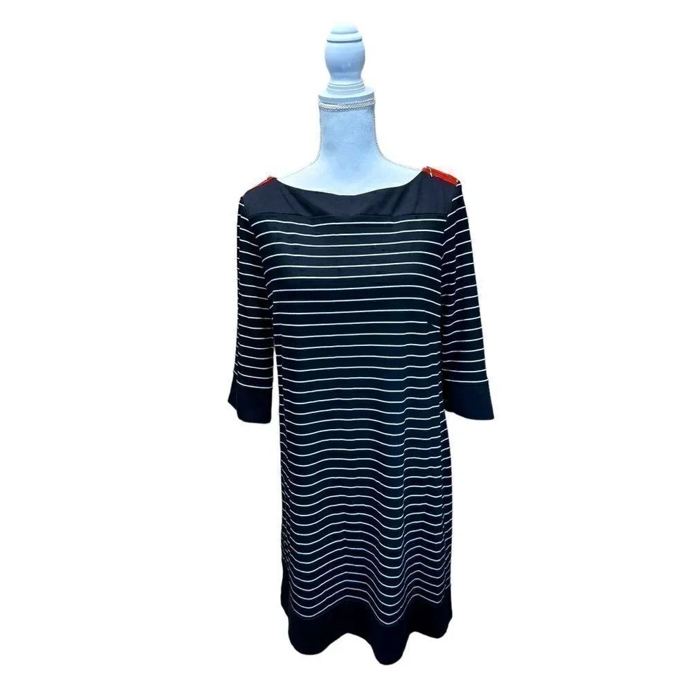 Emma And Michele Black, White & Red Accents Striped 3/4 Sleeve Dress Size 12